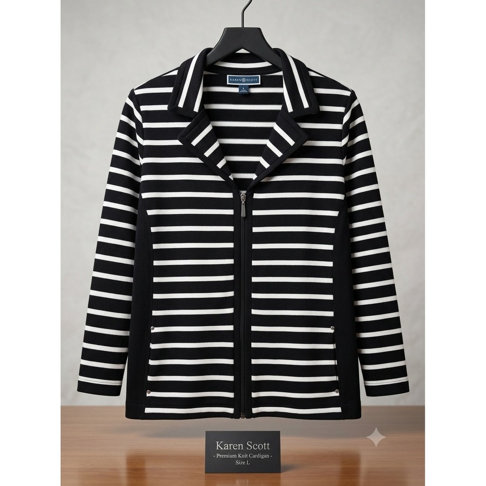 Karen Scott Sport Womens Black White Striped Full Zip Knit Cardigan Sweater L